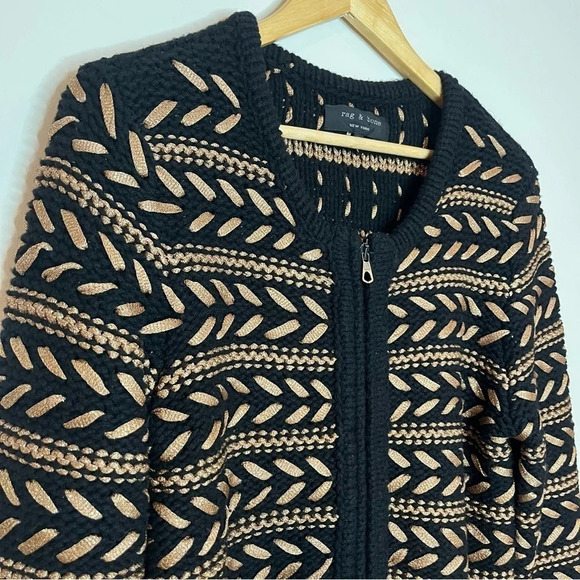 RAG & BONE Lisbeth Lambswool Blend Metallic Gold Zipup Knit Cardigan - Picture 3 of 9